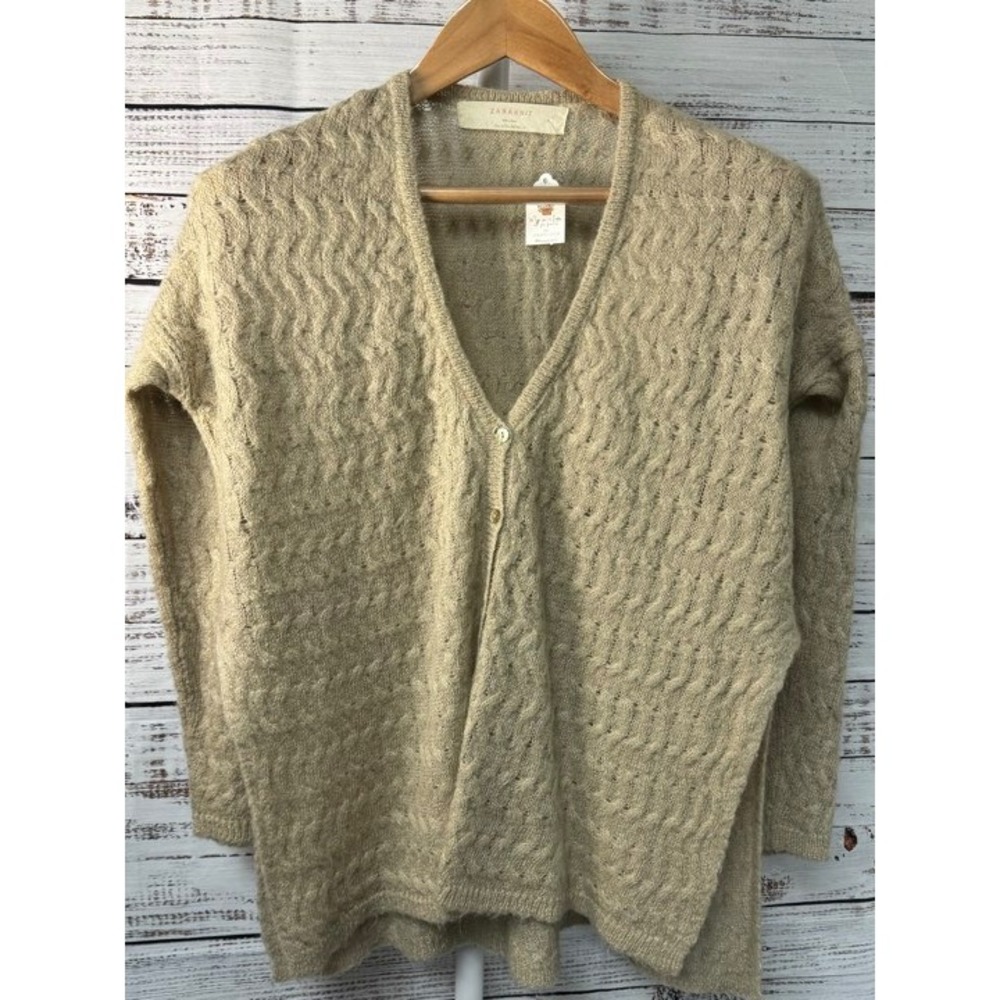 ZARAKNIT Womens Beige Textured Cable‎ Knit V Neck Button Cardigan Sweater M